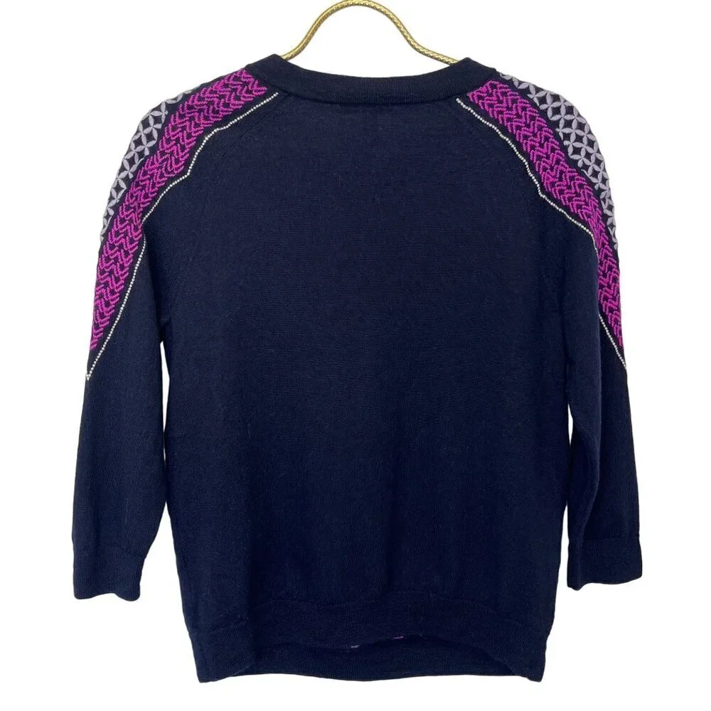J. Crew Merino Wool Geometric Purple and Black Sweater Ladies SIze MED